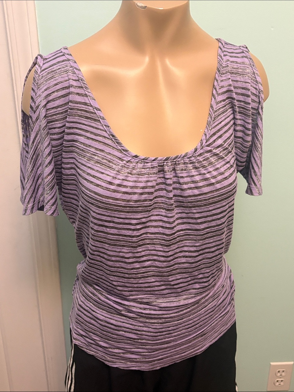 Bluenotes Lavender and Black Striped Cold-Shoulder Tee
